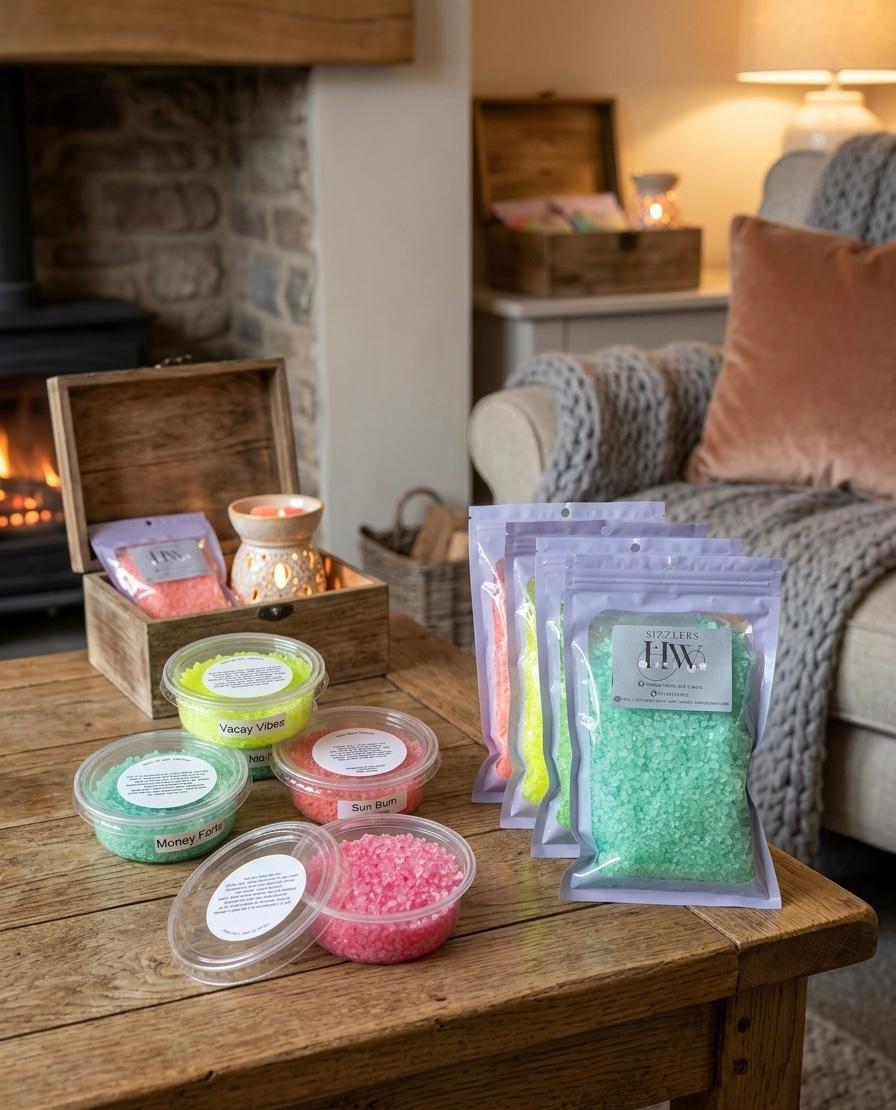 Haliwax scented Sizzlers in various colours with a wax melt burner on a wooden table
