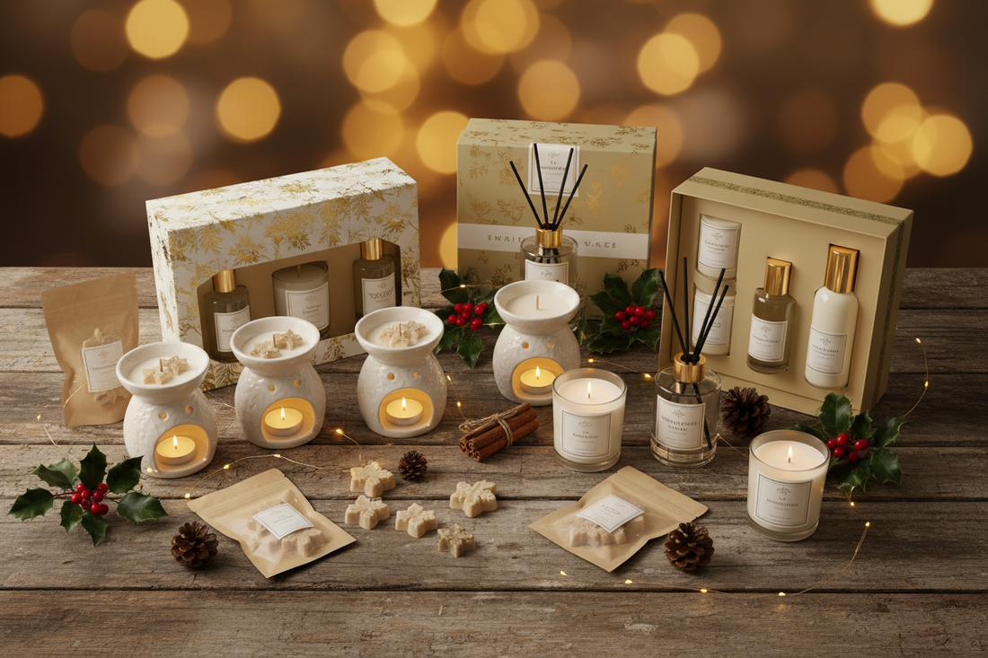 Christmas fragrance gift guide flatlay featuring wax melts, scented candles, reed diffusers and gift sets with festive decorations — Haliwax Melts and Scents