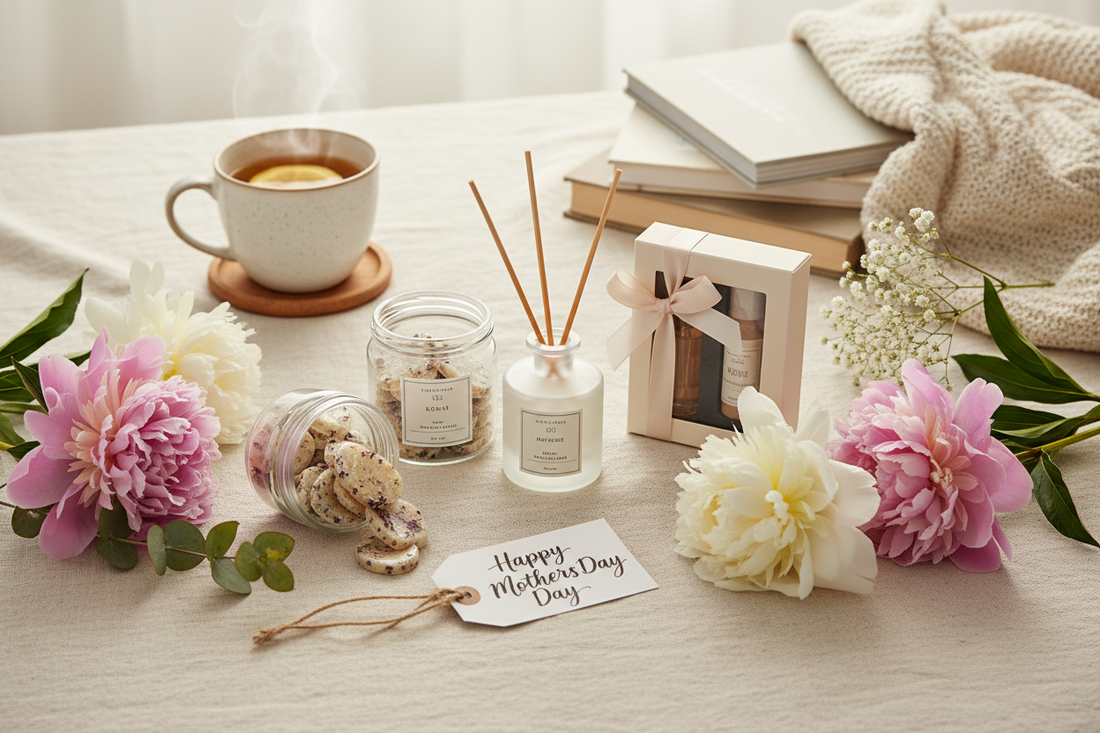 A cosy home fragrance gift flatlay with wax melts, a reed diffuser and a gift set on cream linen with fresh flowers and a cup of tea — the perfect gift for mum from Haliwax Melts and Scents