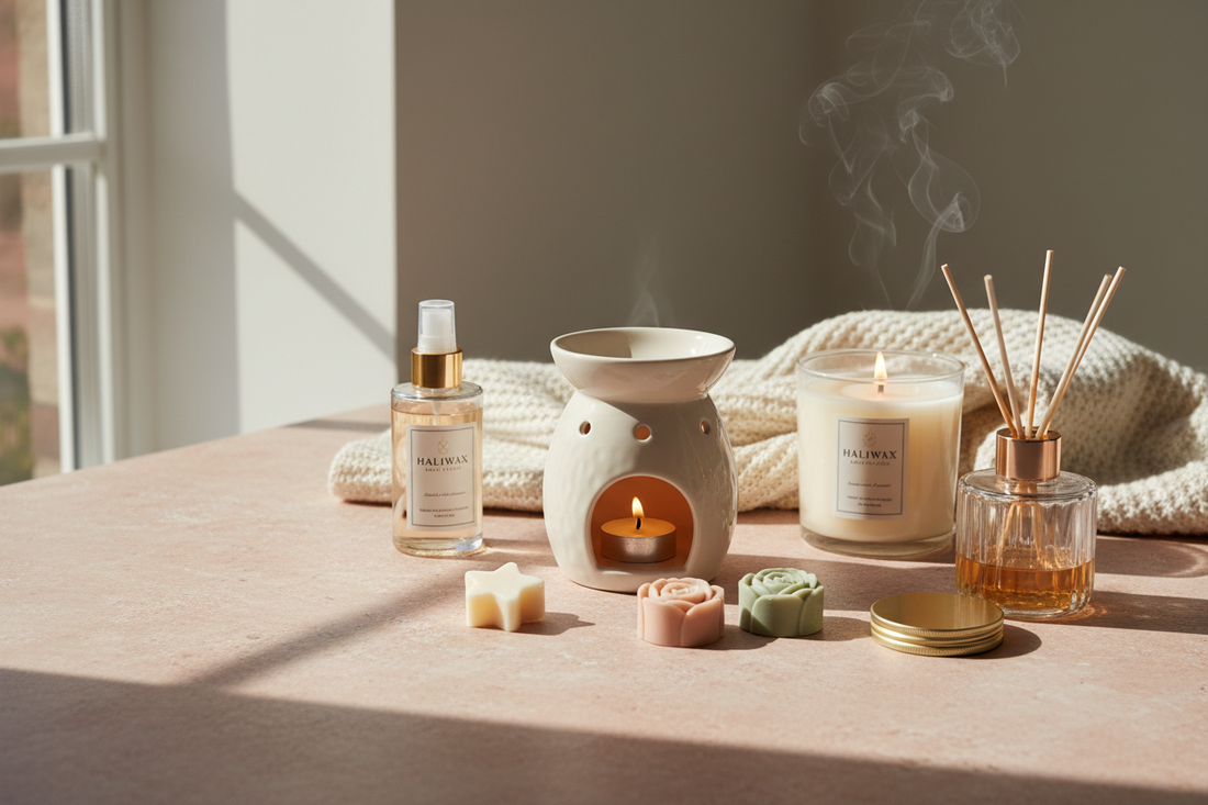 Haliwax wax melts, burner, room spray, scented candle and reed diffuser arranged beside a cosy cream throw.
