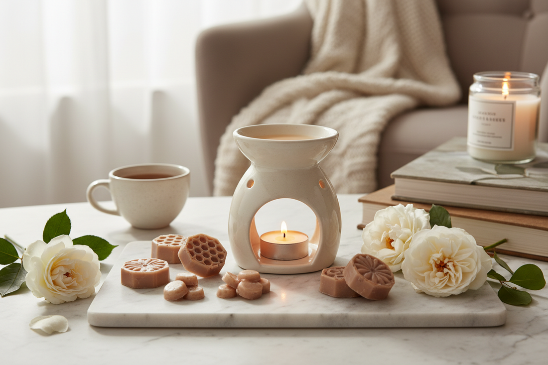 wax melts and burner on marble board with cup of coffee and a candle 