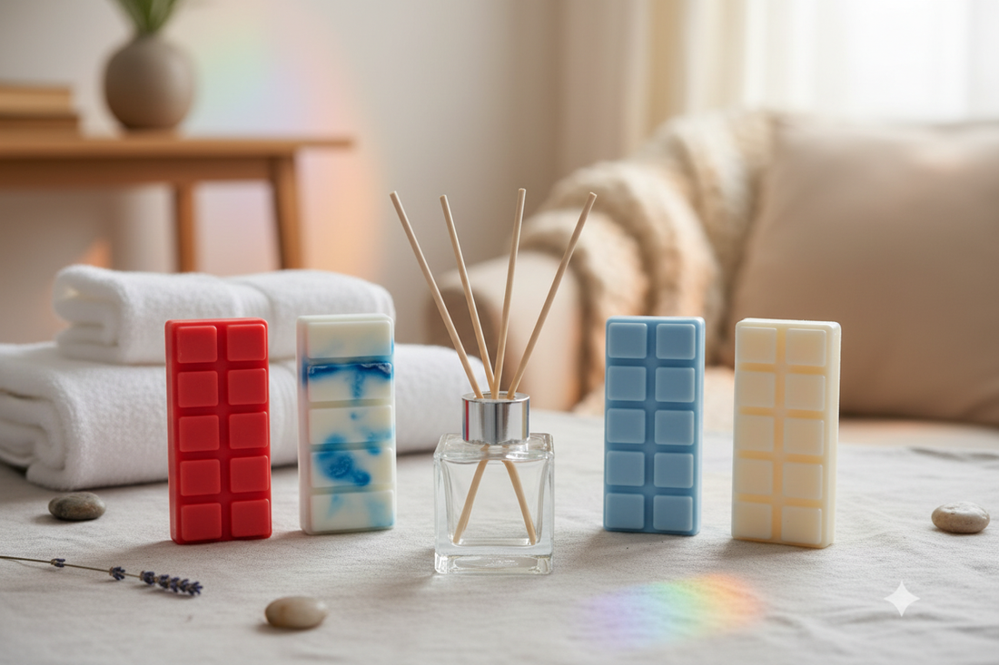 Reed diffuser with wooden reeds alongside laundry-inspired wax melt bars in red, blue and cream — Haliwax Melts and Scents