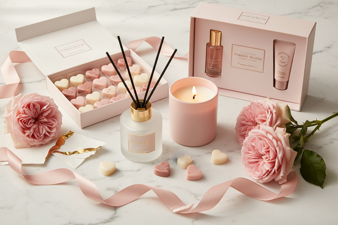 A feminine flatlay with reed diffuser, wax melts, candle and gift set on marble with pink roses and ribbon. 