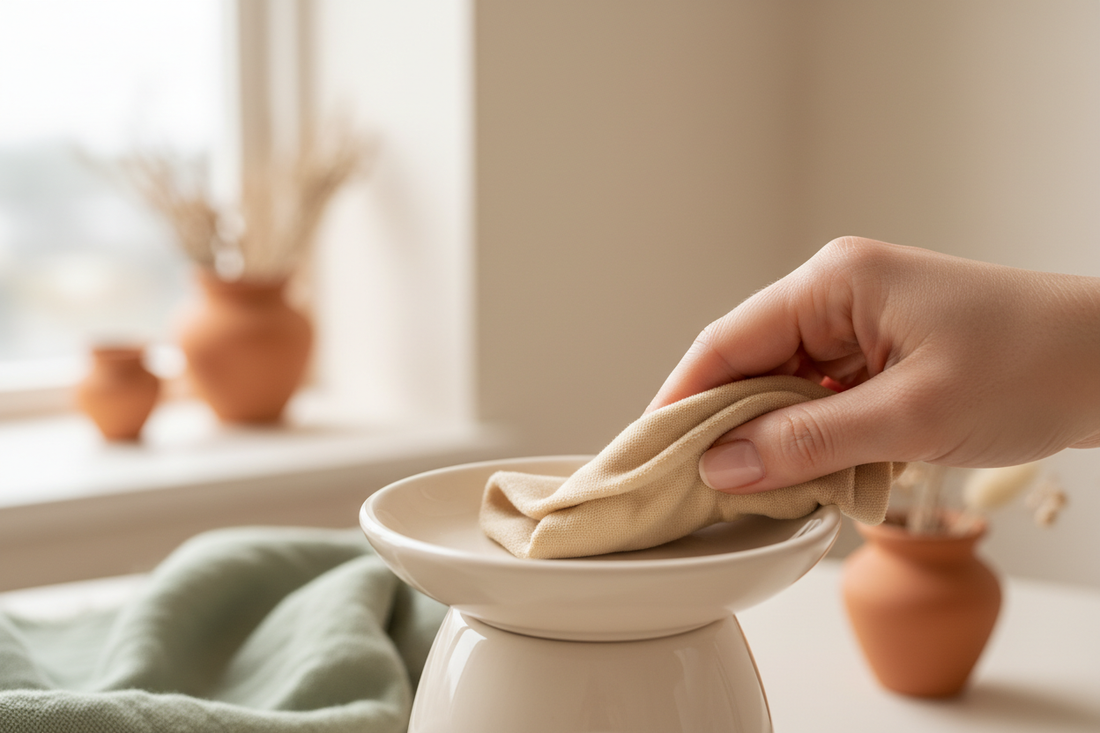 Hand wiping the inside of an empty ceramic wax burner with a soft cloth