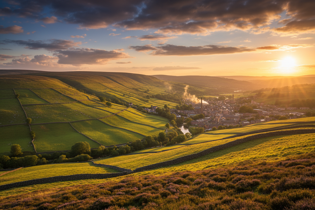 Rolling Yorkshire Pennine hills with dry stone walls and a mill town in the Calder Valley — home of Haliwax Melts and Scents, Halifax, West Yorkshire