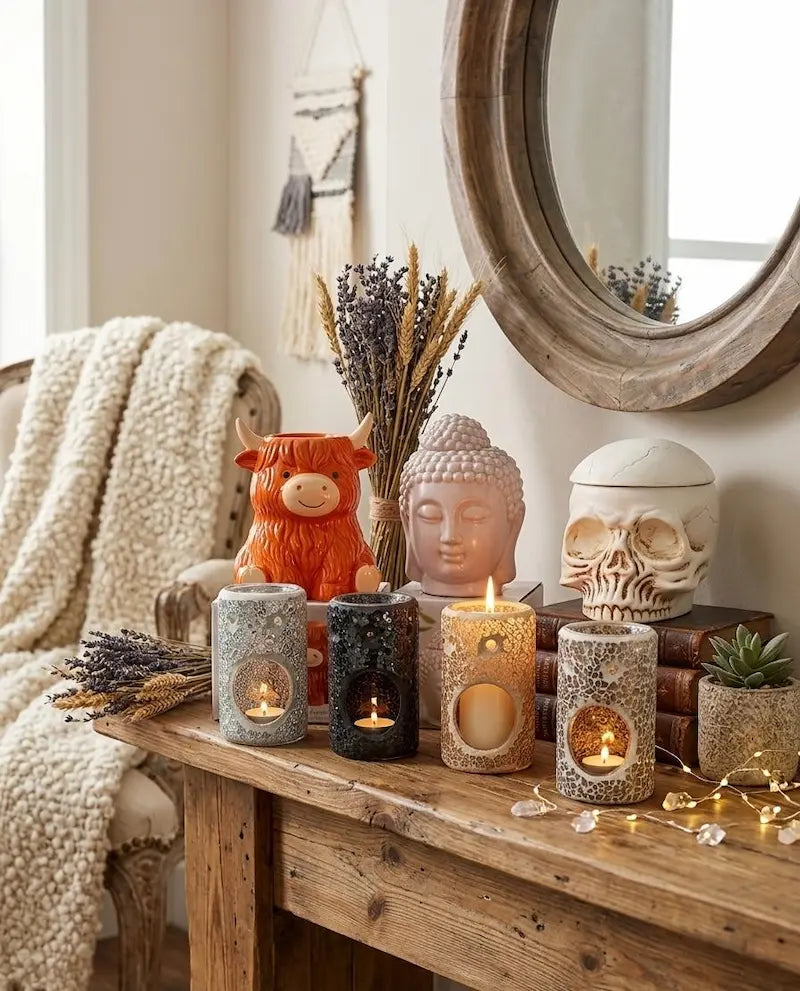 Decorative oil burners and wax warmers styled with candles and botanicals from Haliwax Melts and Scents