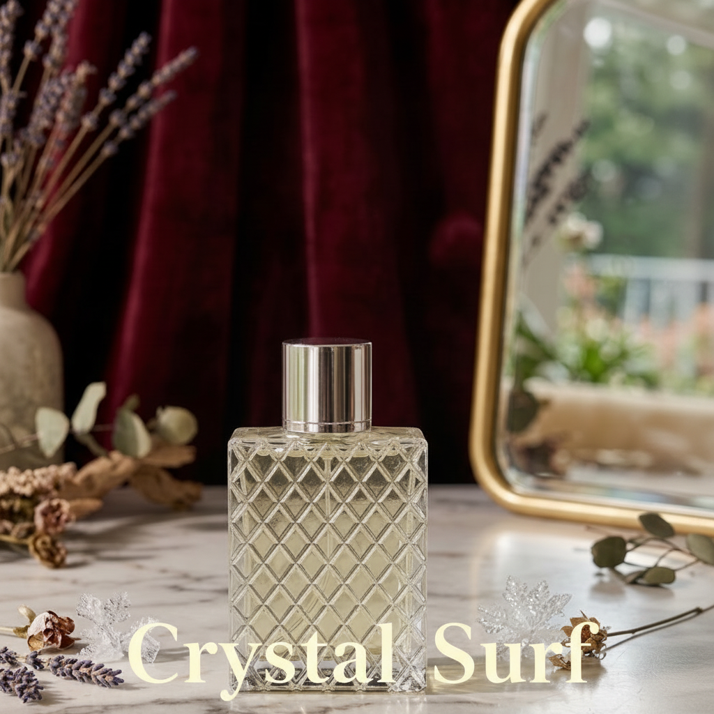 A clear rectangular perfume bottle with a diamond-patterned crystal texture and a shiny silver cap, set on a marble surface with dried flowers, a mirror, and a dark red velvet curtain in the background. The text 'Crystal Surf' is overlaid at the bottom.