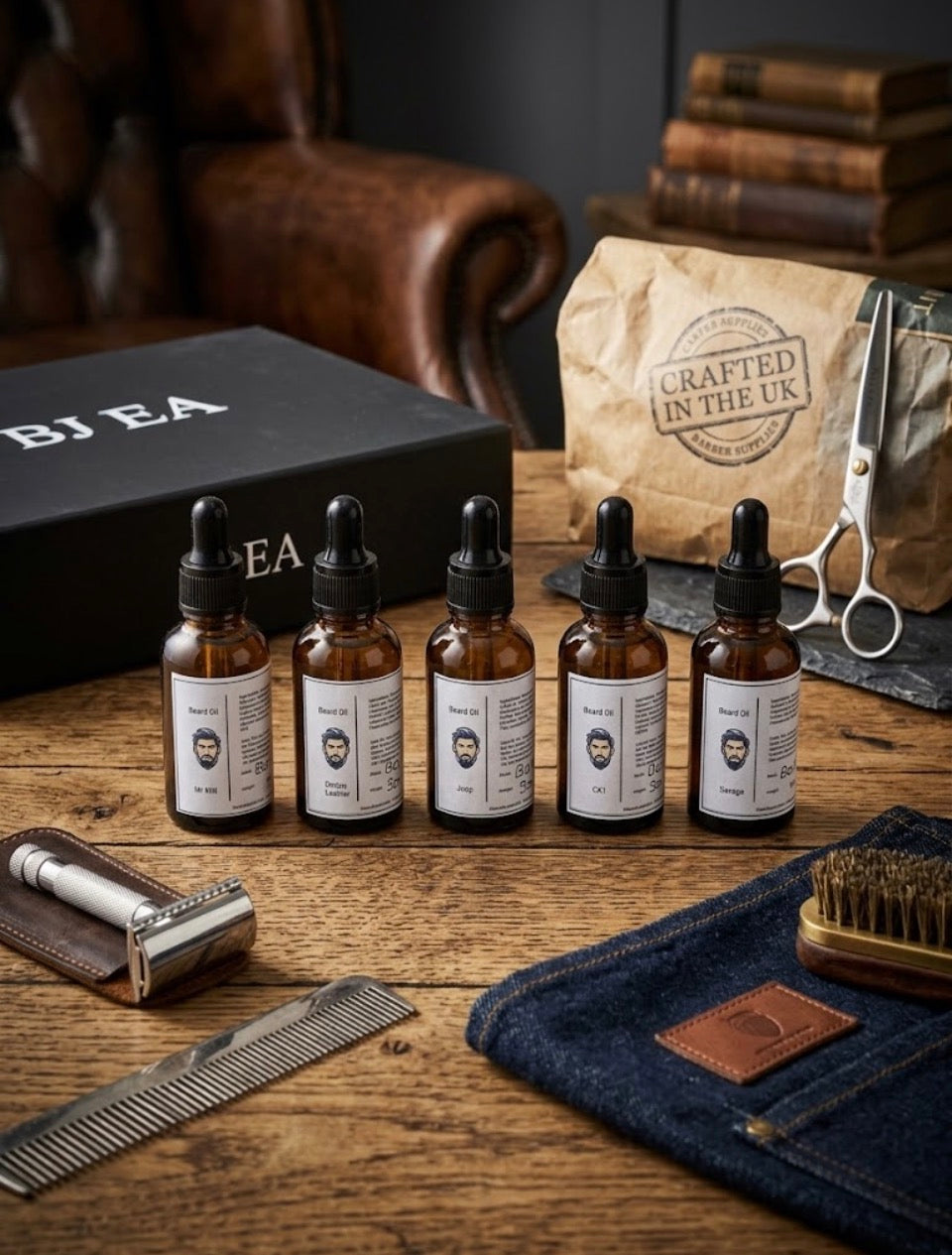 Five 30ml amber beard oil dropper bottles on a wooden table with grooming accessories.