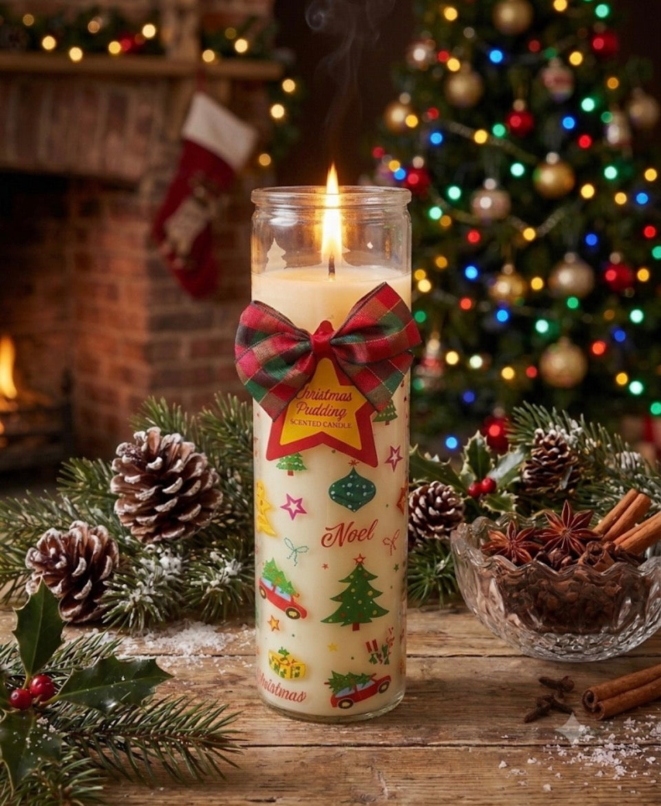 Christmas Pudding tube candle lit with colourful festive Noel and Holly Jolly design glowing