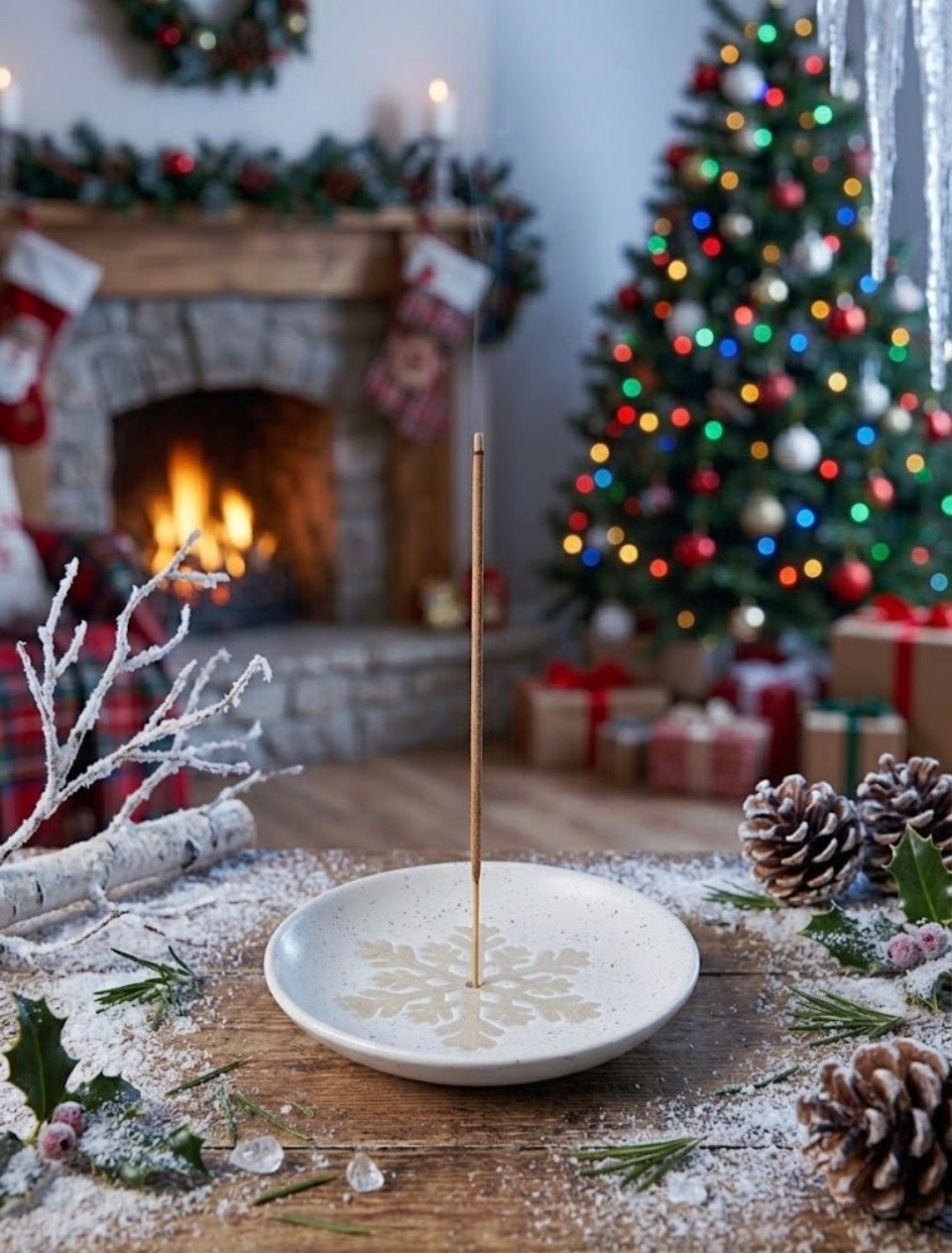 Christmas snowflake incense stick holder ceramic speckled dish in festive setting