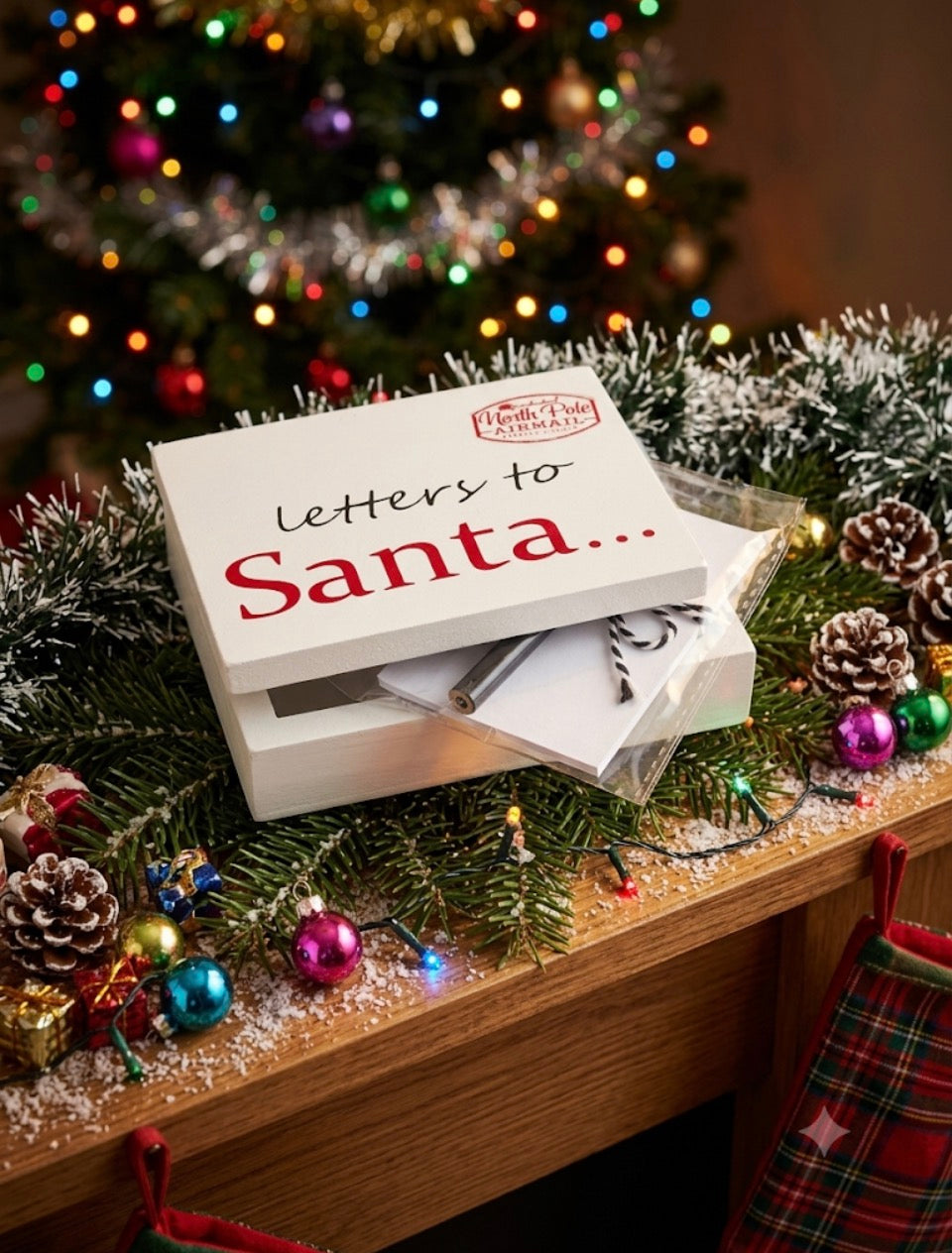 Letters to Santa wooden post box open showing paper and pencil contents