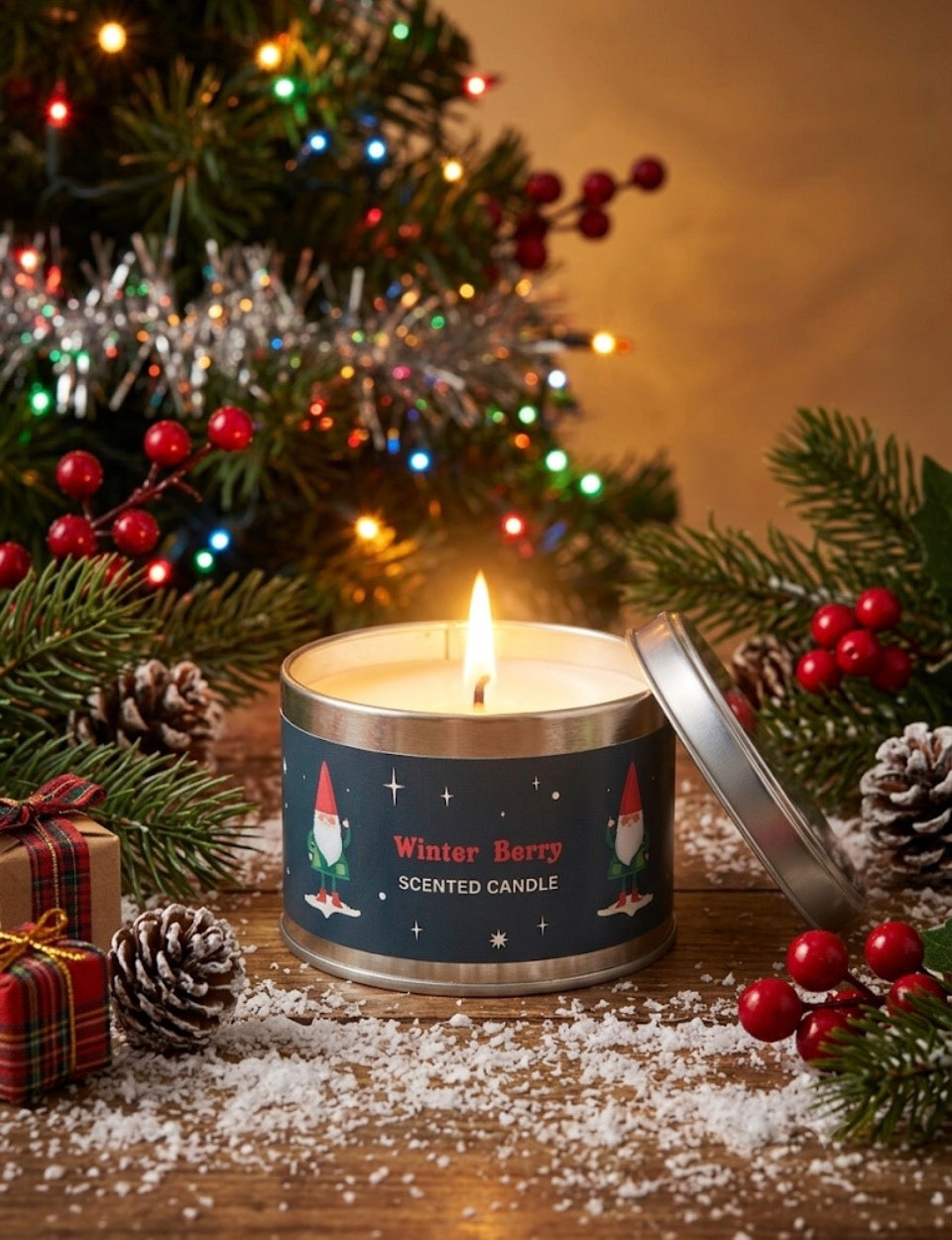 Winter Berry Christmas tin scented candle lit with gnome design