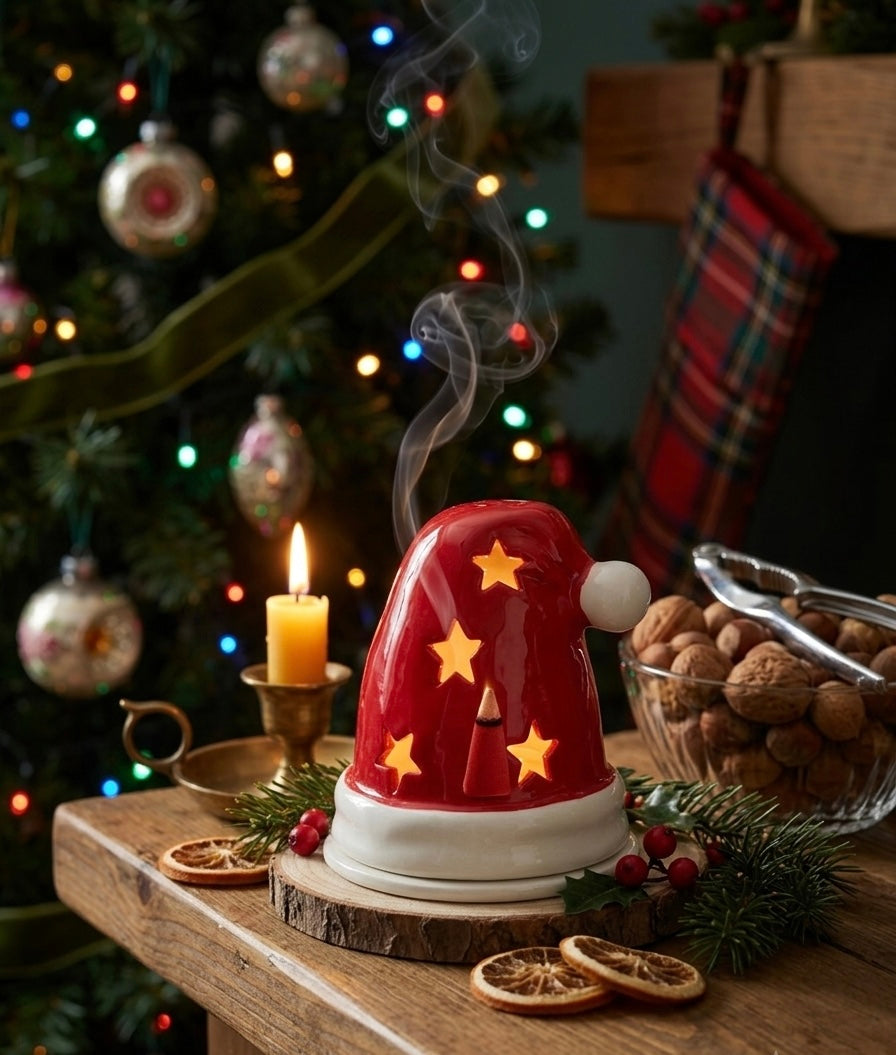 Santa hat incense cone and tealight holder with star cut-outs glowing with candle