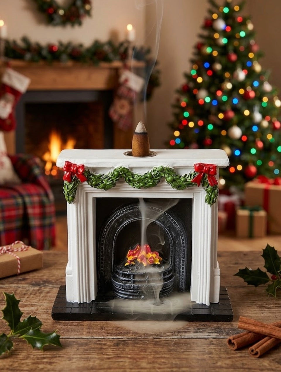 Christmas fireplace backflow incense burner with smoke cascading down through cast iron grate in festive setting