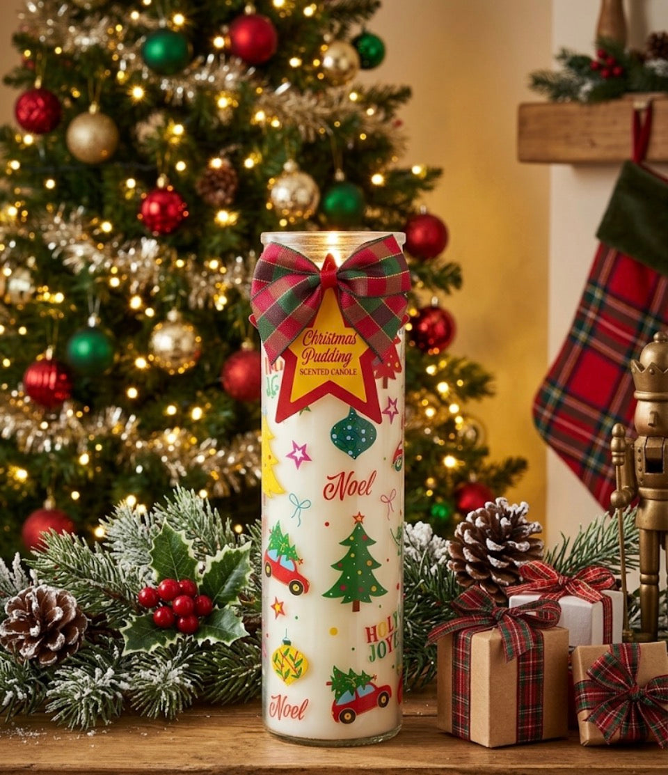 Christmas Pudding tube candle unlit showing full colourful Christmas design and tartan bow