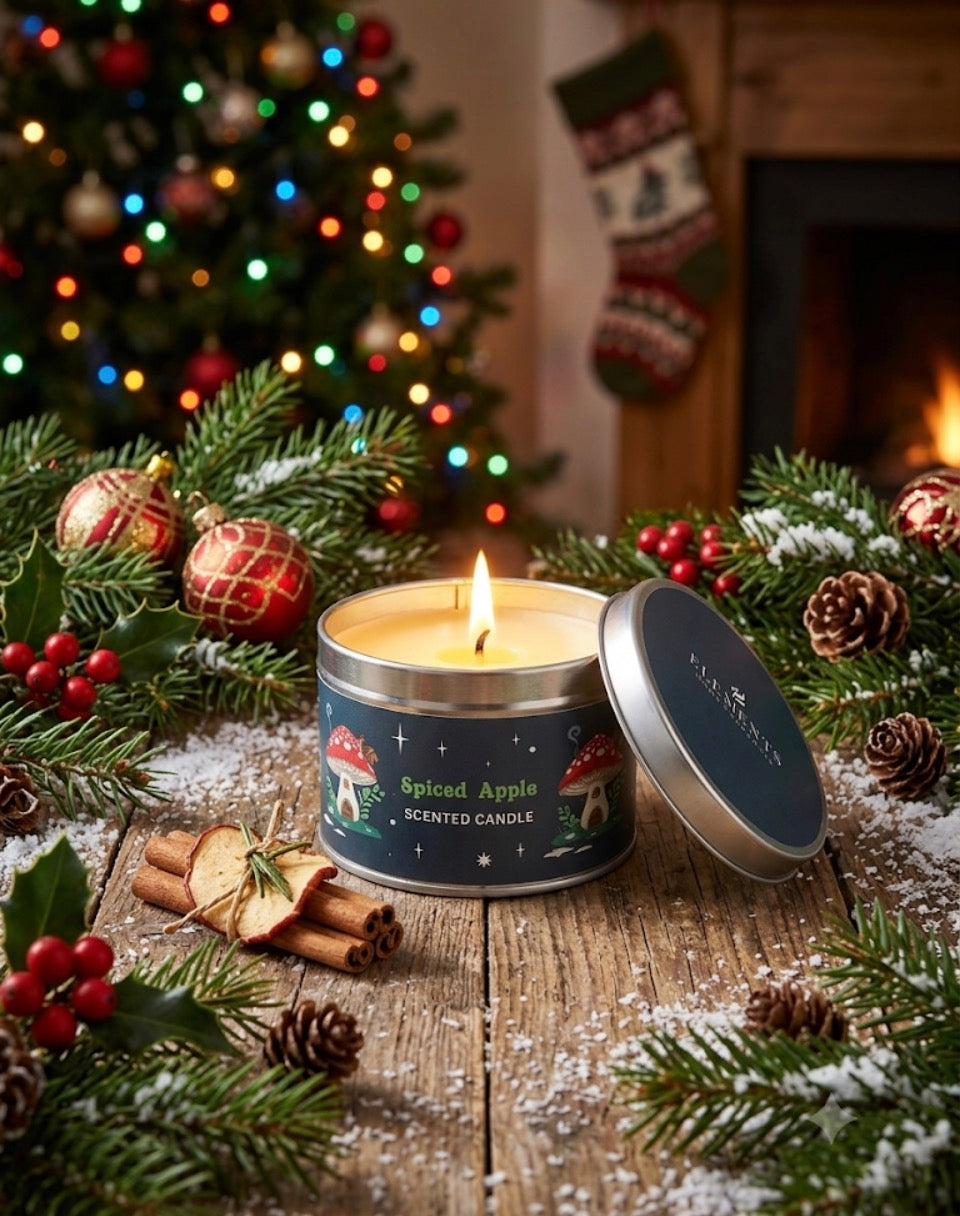 Spiced Apple Christmas tin scented candle lit with woodland mushroom design