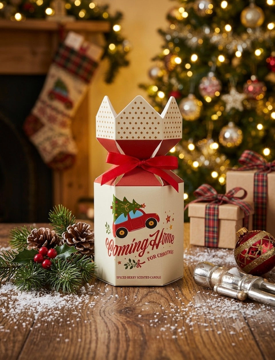 Coming Home for Christmas spiced berry candle in glass jar beside gift box