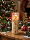 Warm Gingerbread Christmas tube candle lit with gingerbread men and candy cane design glowing