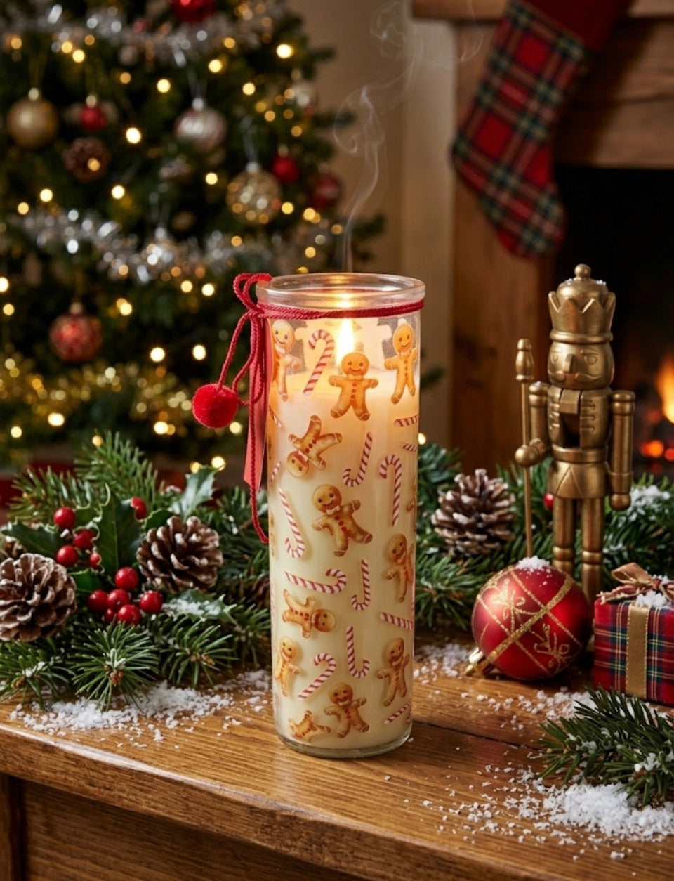 Warm Gingerbread Christmas tube candle lit with gingerbread men and candy cane design glowing