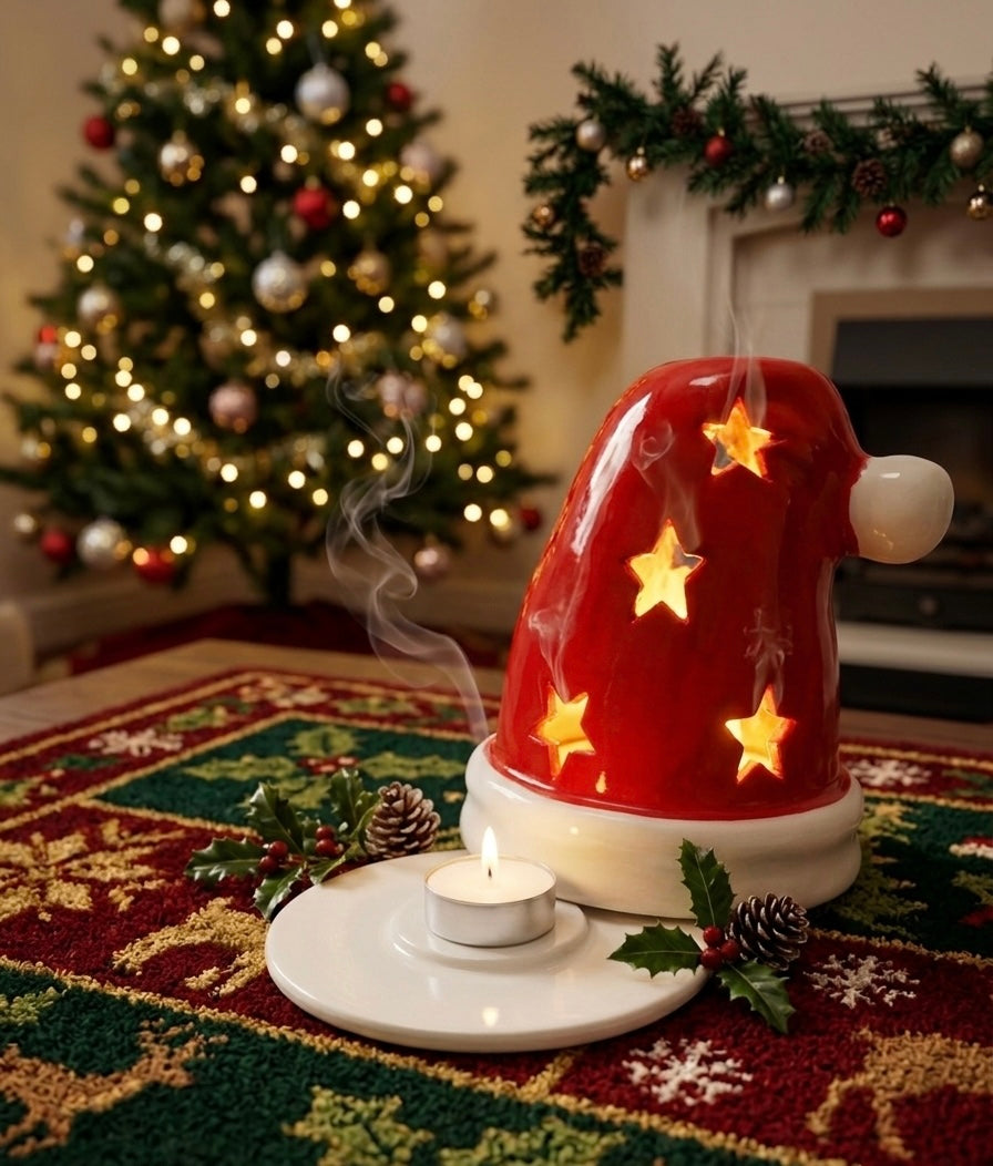 Santa hat holder shown with tealight candle inside glowing through star cut-outs
