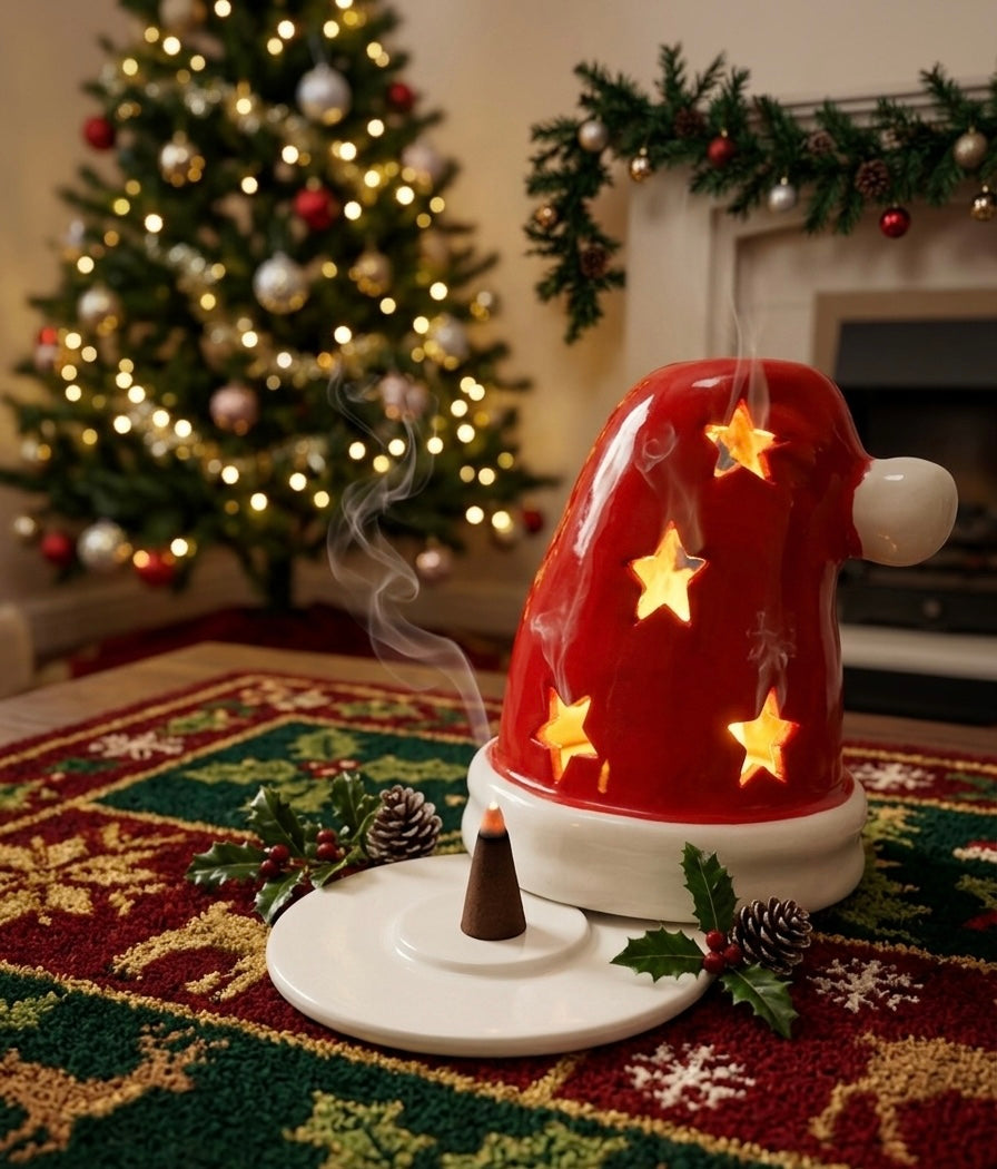 Santa hat holder shown with incense cone burning inside