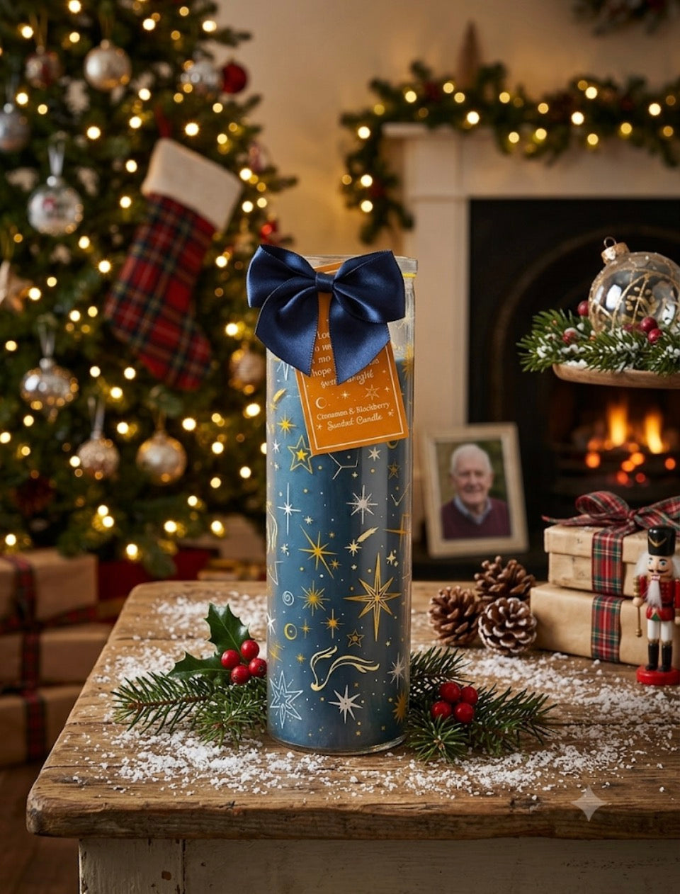 Cinnamon and Blackberry Christmas tube candle unlit showing full navy blue star design and navy satin bow