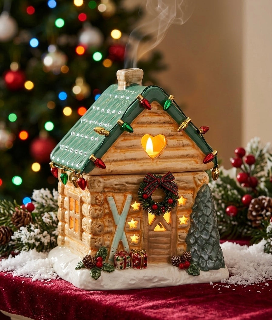 Ski cabin oil burner with glowing heart window, fairy lights and festive details