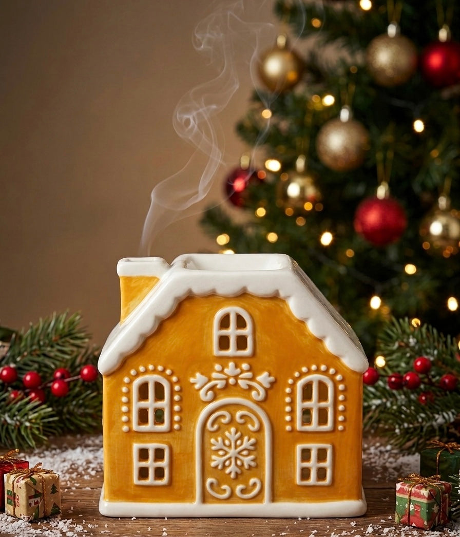 Gingerbread house oil burner and wax warmer with white icing detail and snowflake door