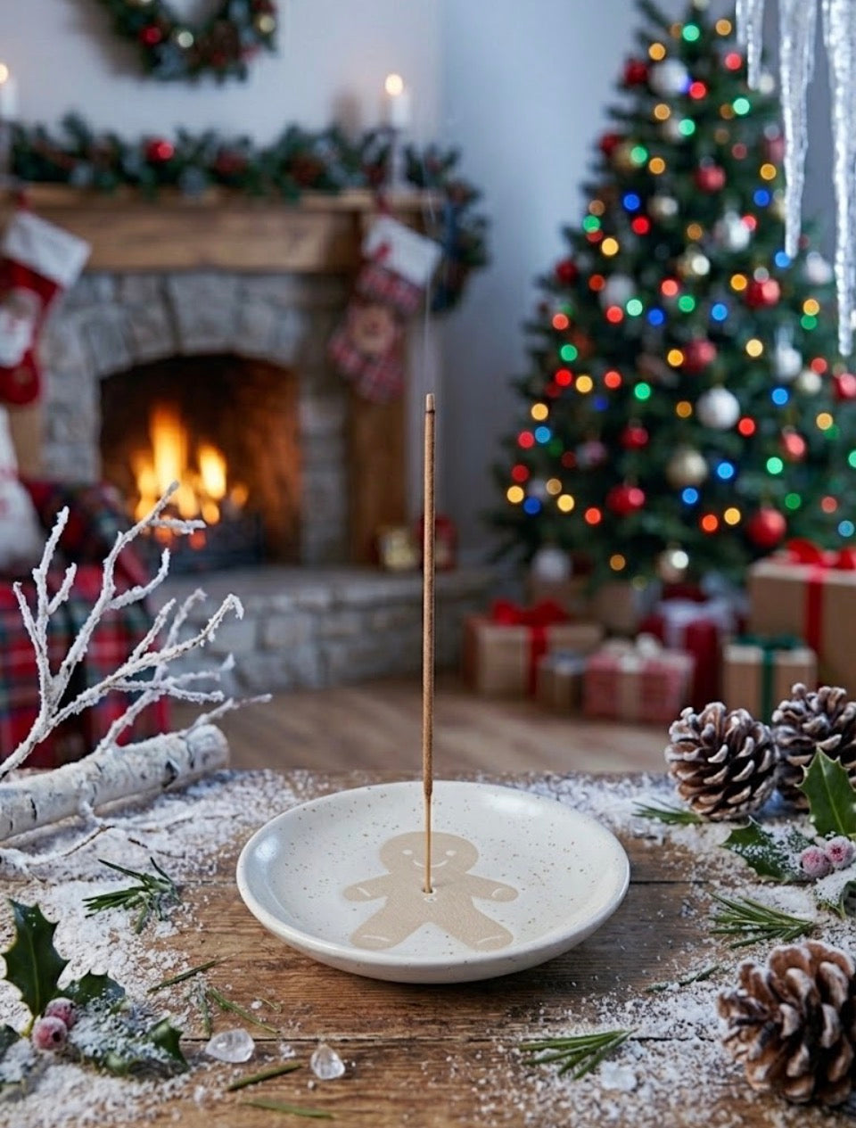 Christmas gingerbread man incense stick holder ceramic speckled dish in festive setting