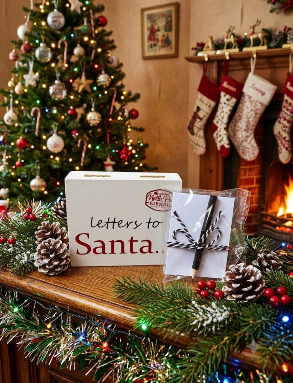 Letters to Santa wooden post box with North Pole Airmail stamp and letter writing set