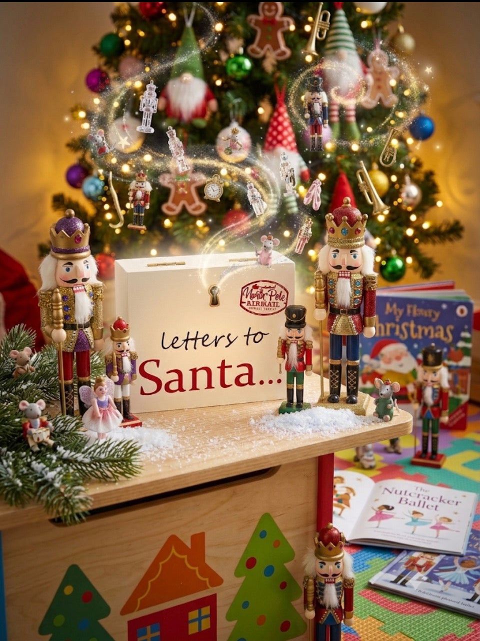 Letters to Santa wooden post box magical lifestyle shot with nutcracker soldiers and Christmas tree