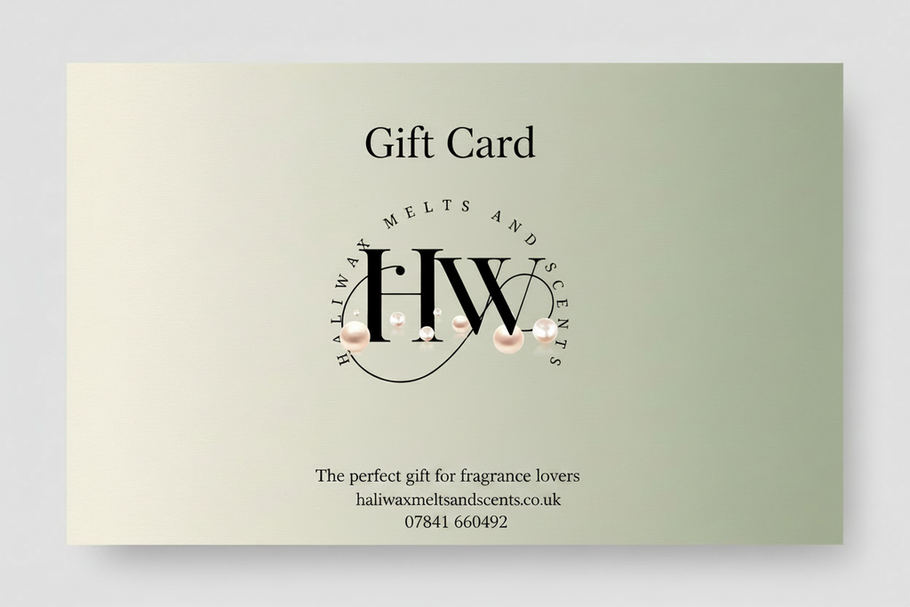 A gift card for Haliwax Melts and Scents, featuring a soft beige-to-olive green gradient background with the brand's logo and contact details printed in black.