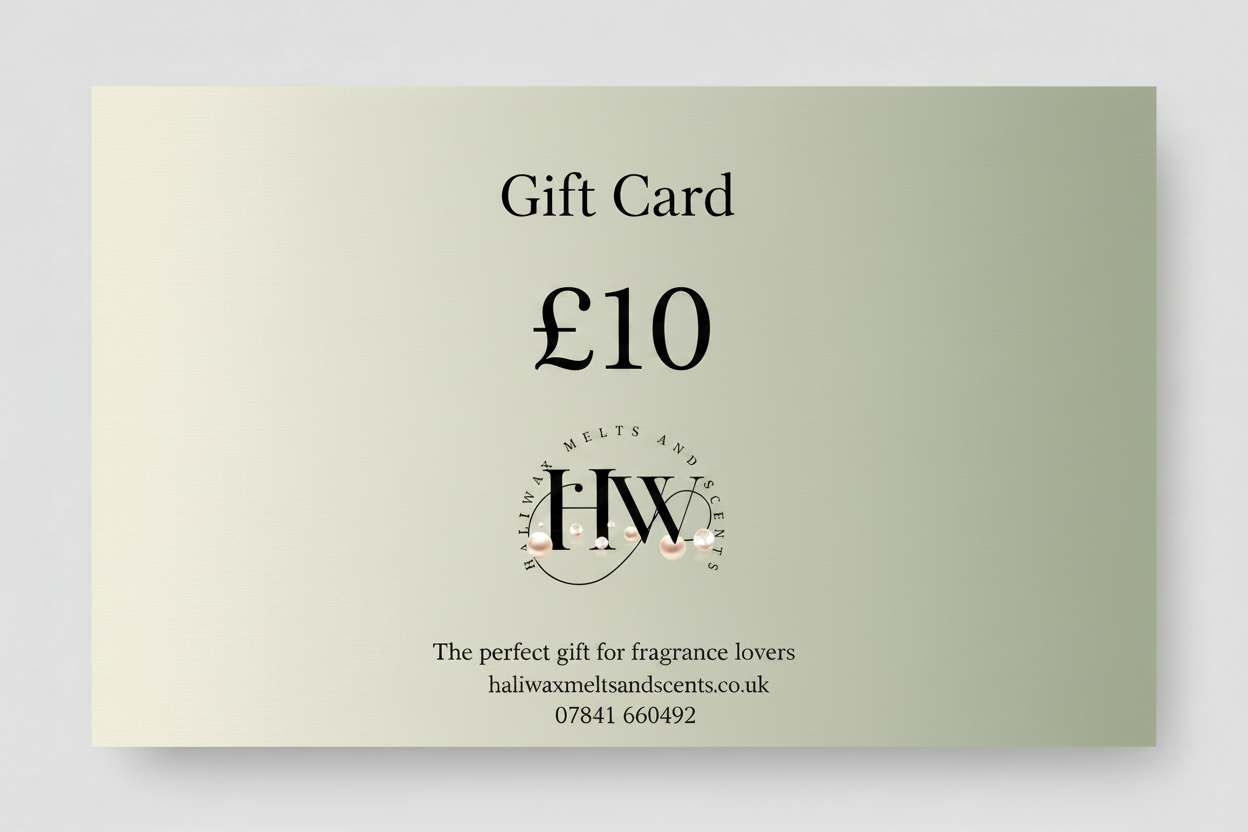 A square 10 GBP gift card for Haliwax melts and Scents with a soft beige-to-light-green gradient background and black text.