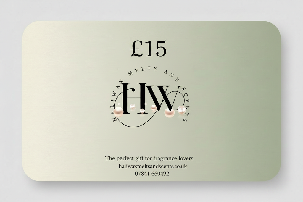 A £15 gift card for Haliwax melts and scents, featuring a minimalist black logo and text on a soft sage green gradient background with rounded corners.