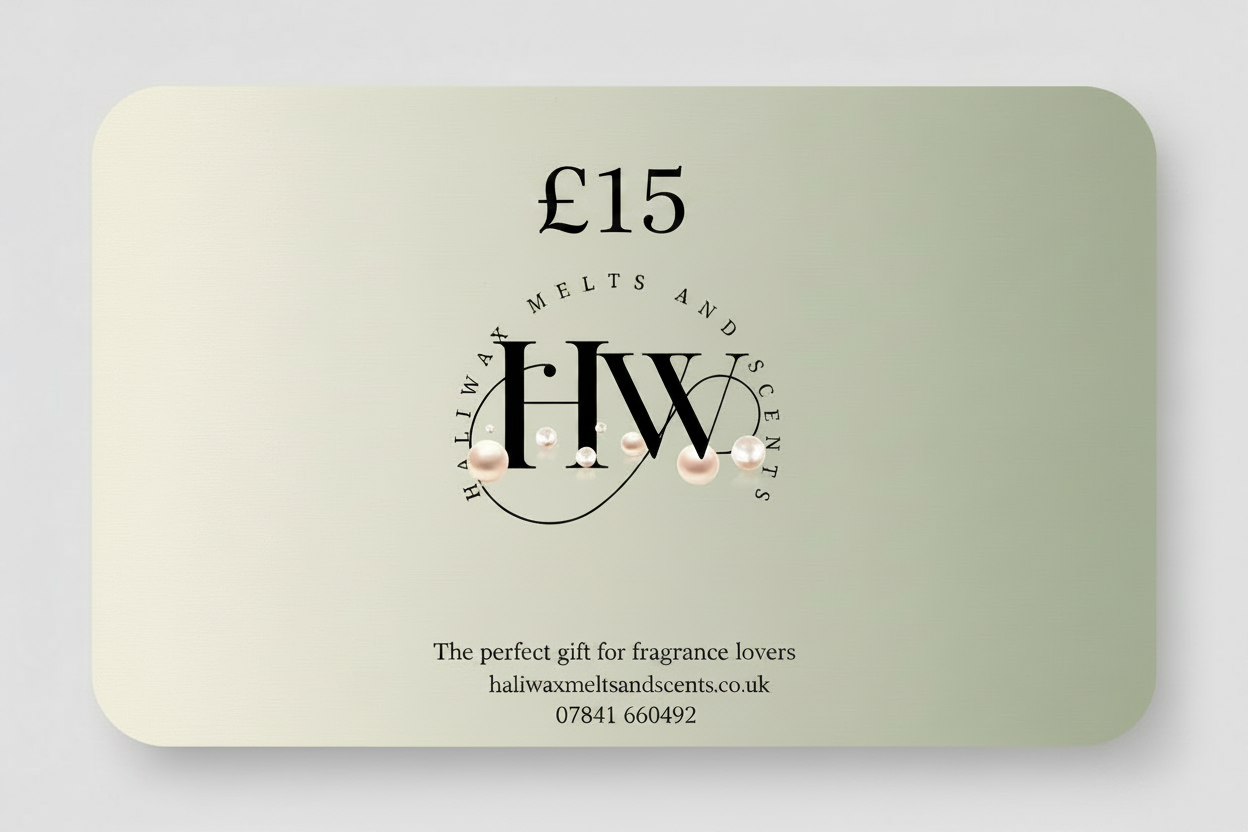 A £15 gift card for Haliwax melts and scents, featuring a minimalist black logo and text on a soft sage green gradient background with rounded corners.