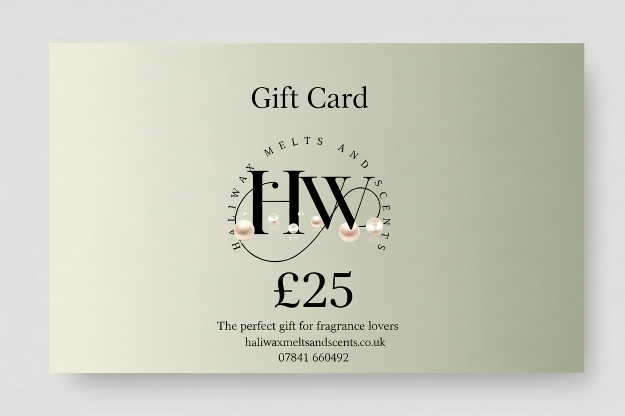 A 25 GBP gift card for Haliwax melts and scents, featuring a pale sage green and cream gradient background with black text and a circular 'HW' logo.