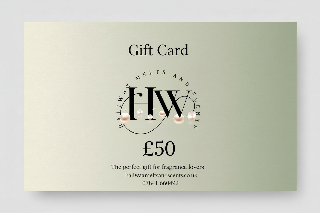 A 50 GBP gift card for 'Haliwax Melts and Scents' featuring a black and white logo with small pink floral accents, set against a soft beige-to-green gradient background.