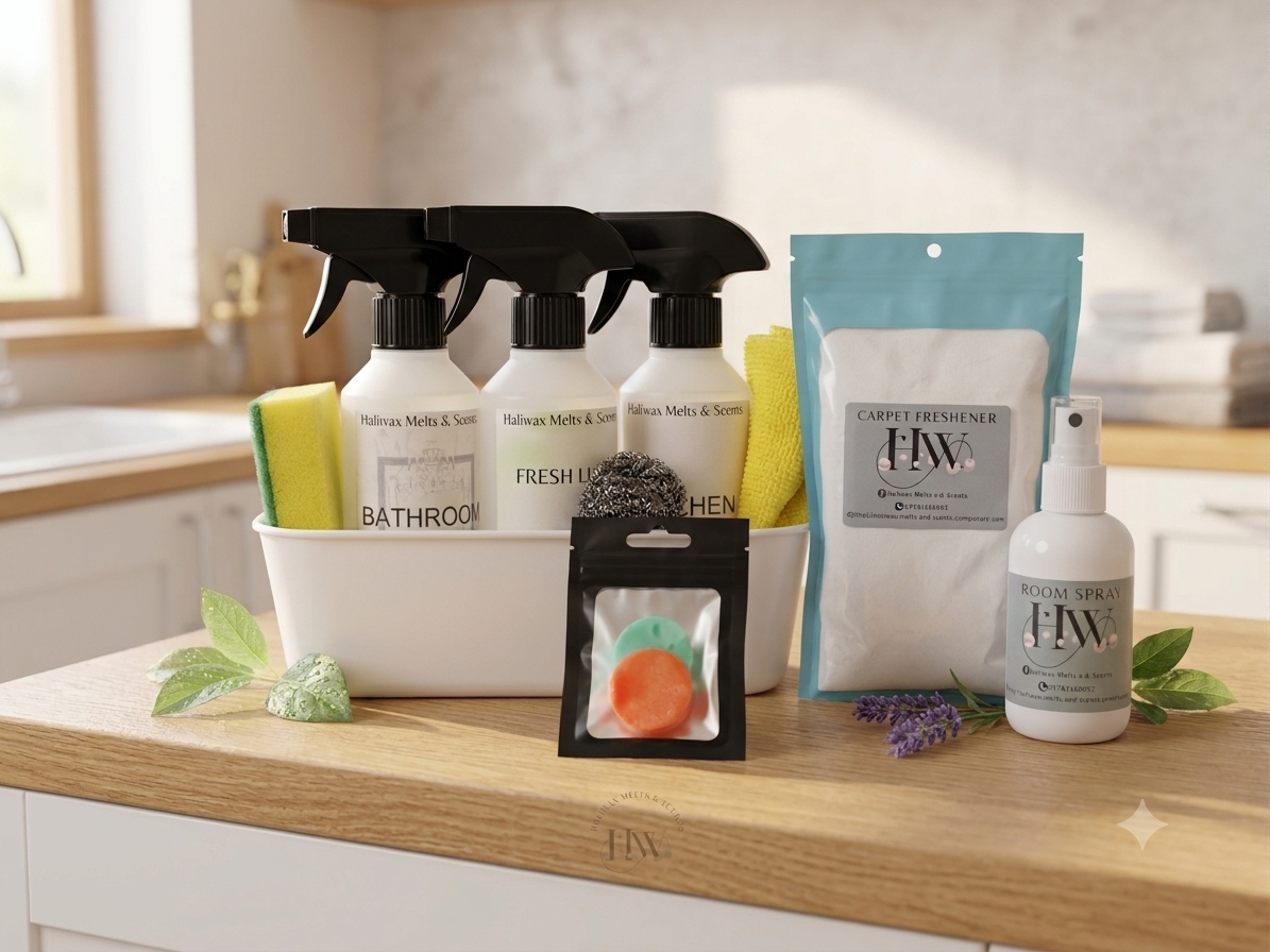 Haliwax cleaning bundle featuring disinfectant spray, room spray, carpet freshener and vac discs