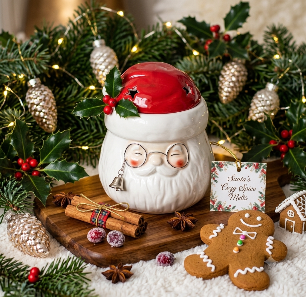 Santa wax melt and oil burner with red hat and festive decorations