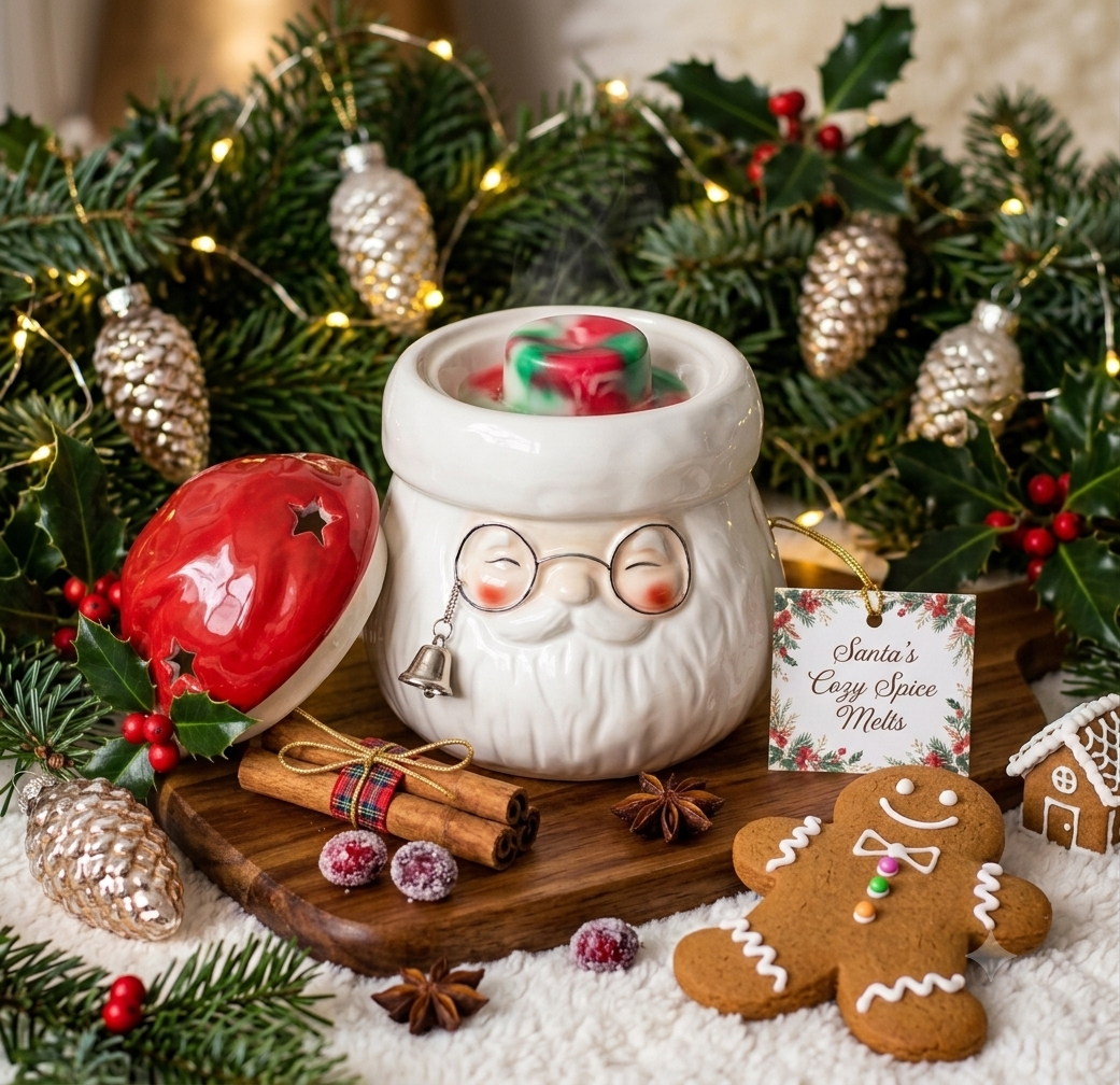 Santa wax melt and oil burner open showing wax melts inside
