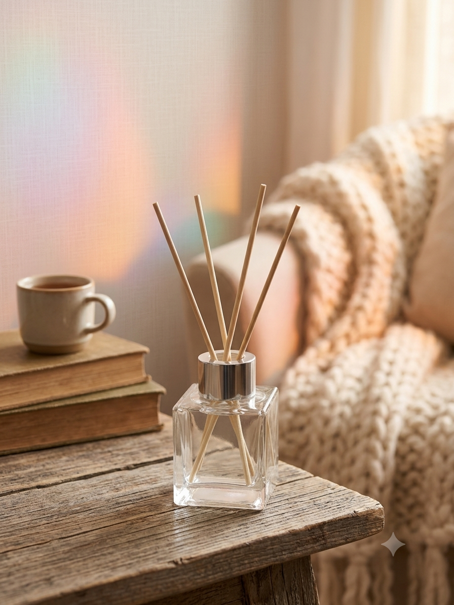 A clear glass reed diffuser bottle with a silver cap and natural wood reeds, placed on a rustic wooden table in a cozy indoor setting with books, a mug, and a knitted blanket in the background.