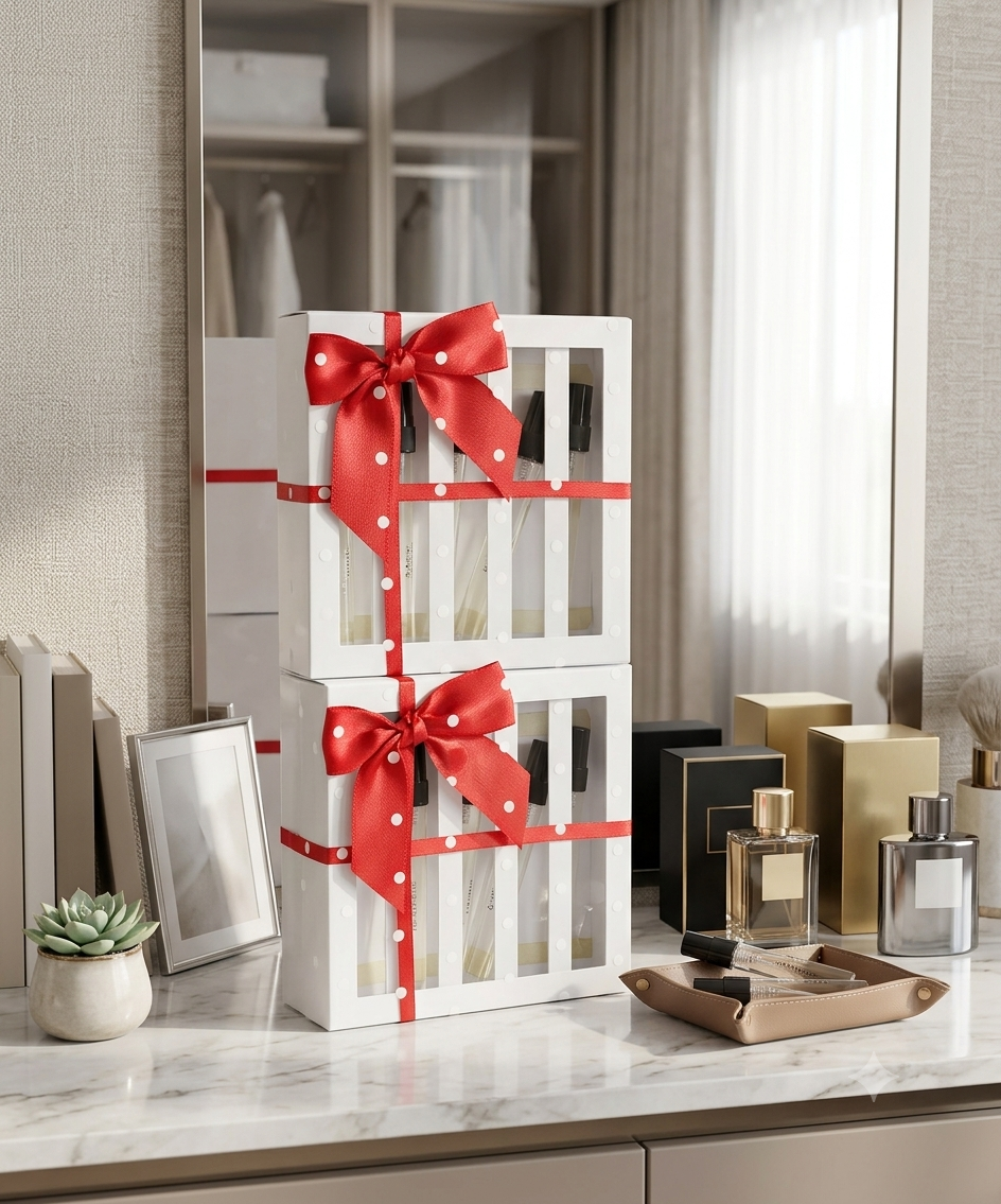 Two stacked white perfume gift boxes tied with red ribbon and bow, displayed on a marble vanity in a styled room setting.