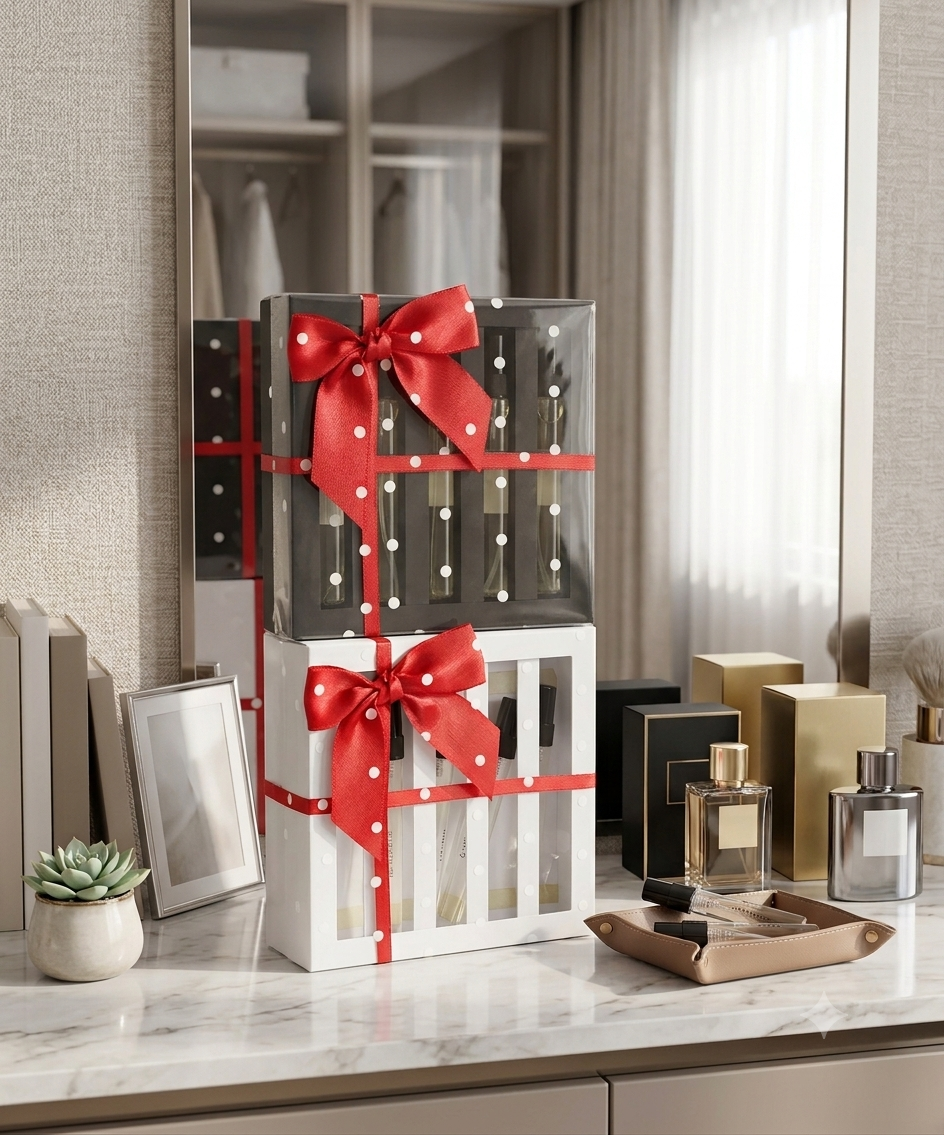 A luxury gift set featuring two stacked perfume bottles in clear and white gift boxes tied with red polka-dot bows, styled on a marble vanity counter next to perfume bottles and a small succulent.