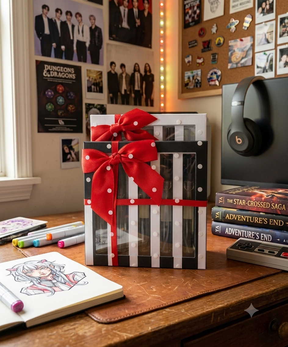 A perfume  gift box with black and white vertical stripes and a large red polka-dot ribbon bow, displayed on a wooden desk in a decorated room with posters, headphones, and books.