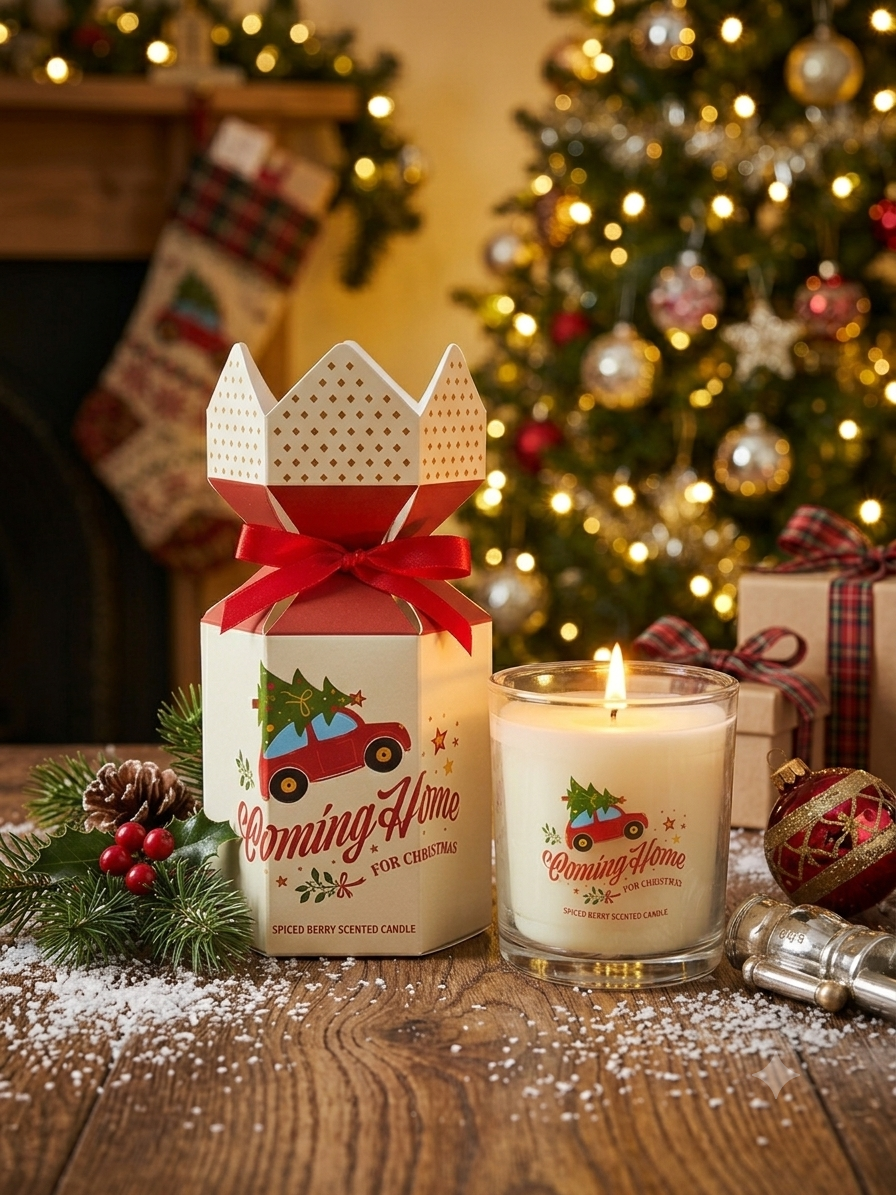 Coming Home for Christmas spiced berry candle in gift box with crown top and red ribbon
