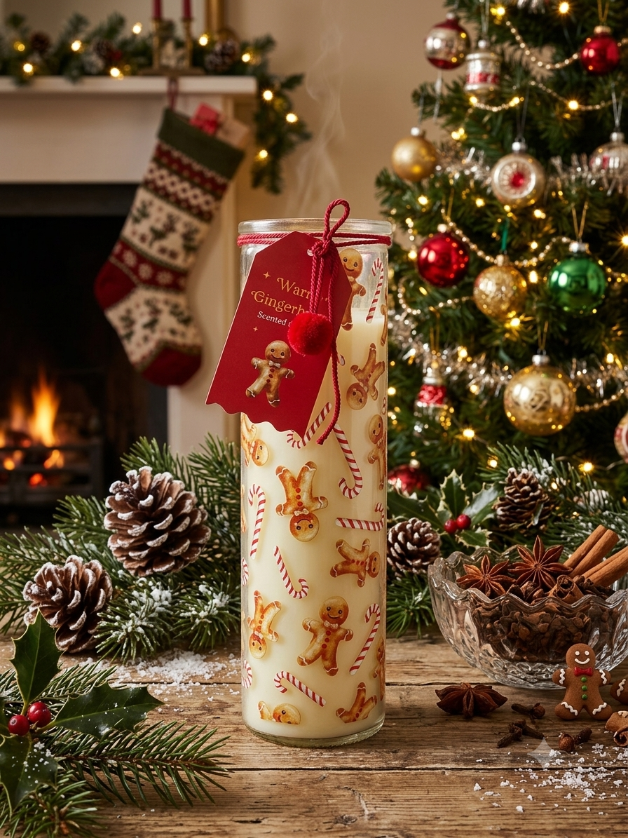 Warm Gingerbread Christmas tube candle unlit showing full festive design and gift tag