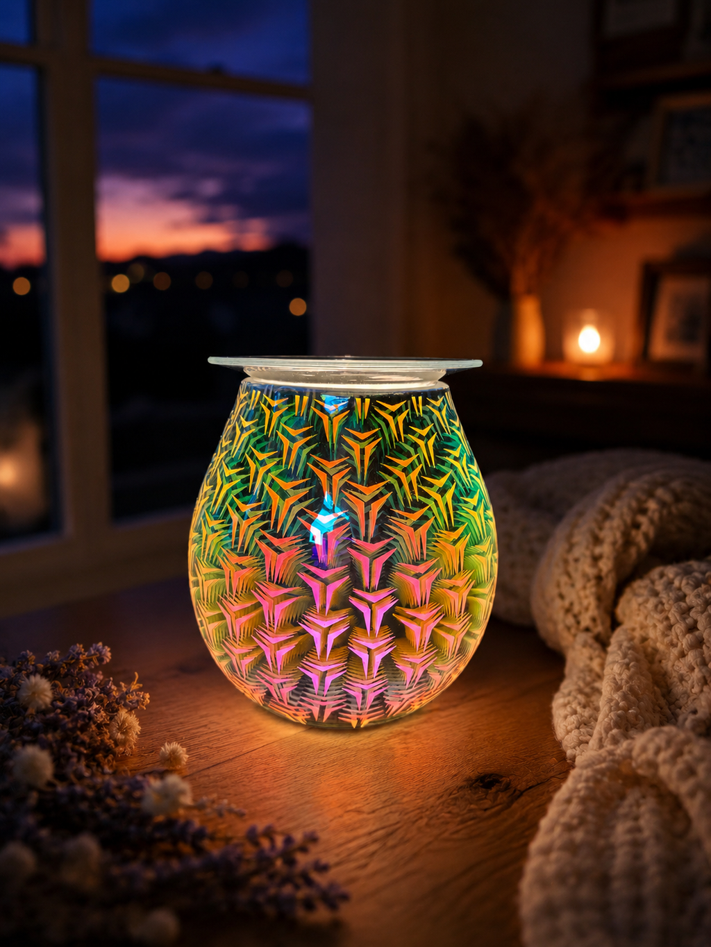 Geometric Flower Electric Oil Burner glowing with colourful 3D pattern on a wooden surface at dusk