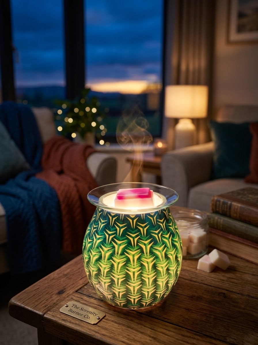 Geometric Flower Electric Oil Burner in green and gold tones with wax melt on dish, glowing in a cosy living room