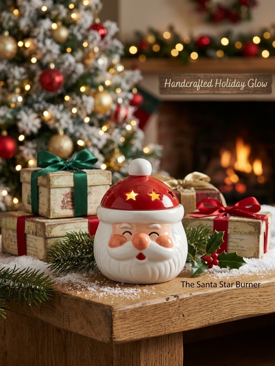 Santa Star Wax Melt Warmer glowing with warm light surrounded by Christmas gifts and tree
