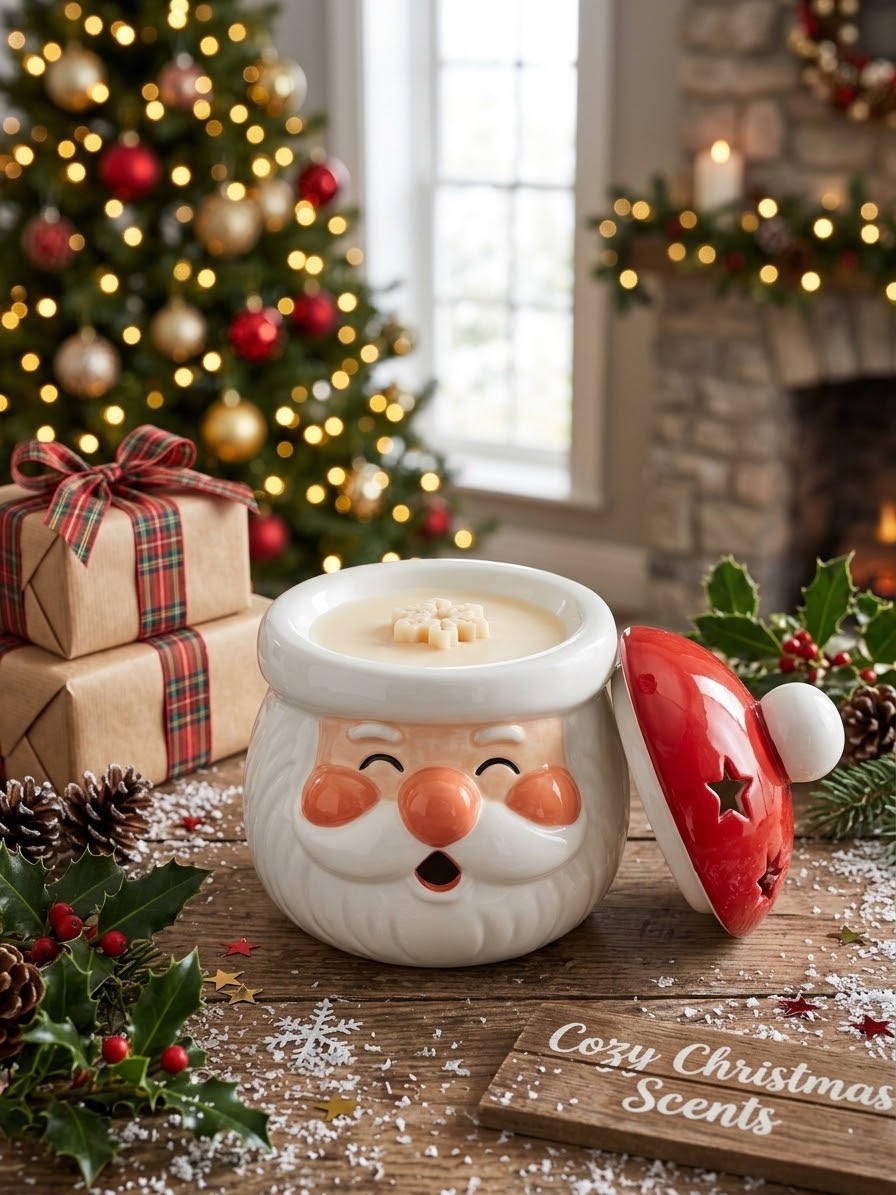 Santa Star Wax Melt Warmer with star cut-out hat glowing by Christmas gifts and fireplace
